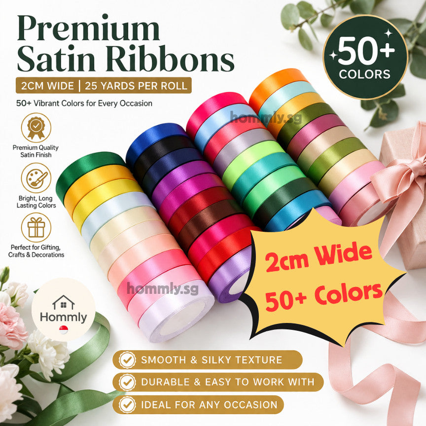 [Hommly SG Instock] 53 Colours 2/4cm Satin silky Ribbon 22m/Wedding/Flower Bouquet/Birthday Party RibbonDecoration