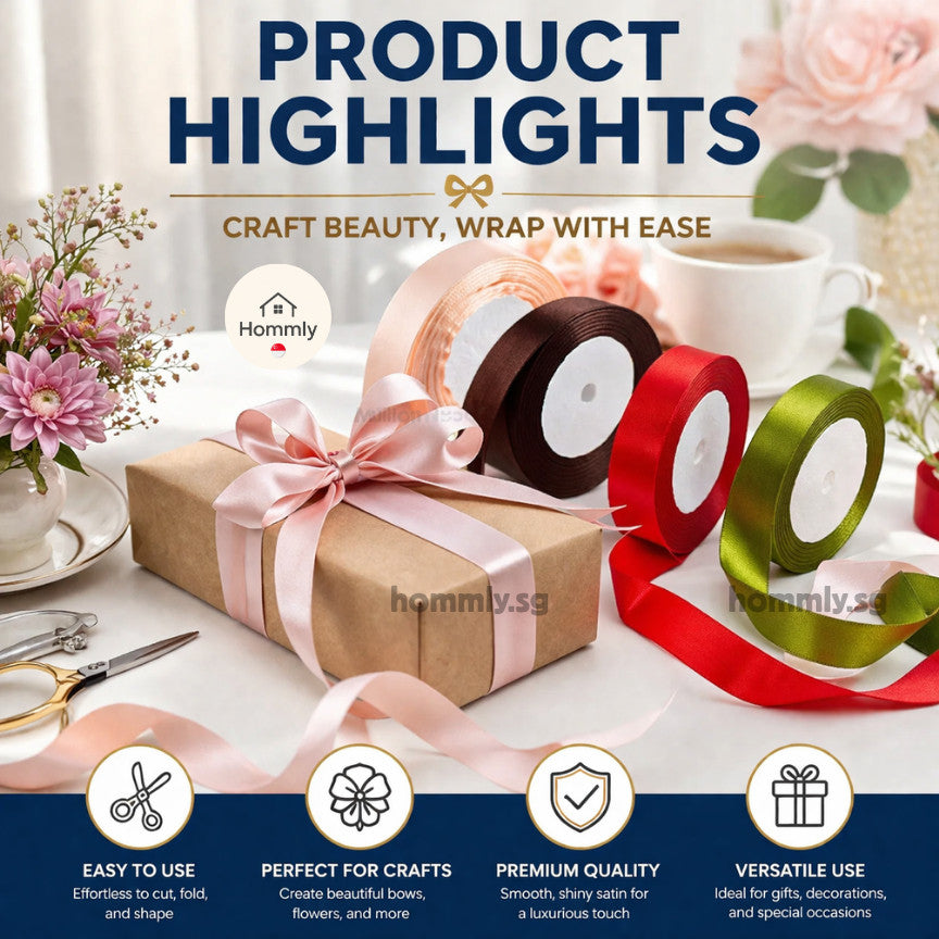 [Hommly SG Instock] 53 Colours 2/4cm Satin silky Ribbon 22m/Wedding/Flower Bouquet/Birthday Party RibbonDecoration