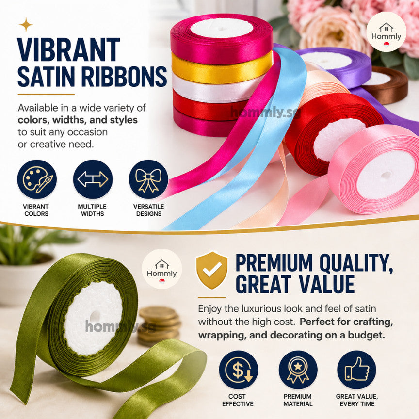 [Hommly SG Instock] 53 Colours 2/4cm Satin silky Ribbon 22m/Wedding/Flower Bouquet/Birthday Party RibbonDecoration