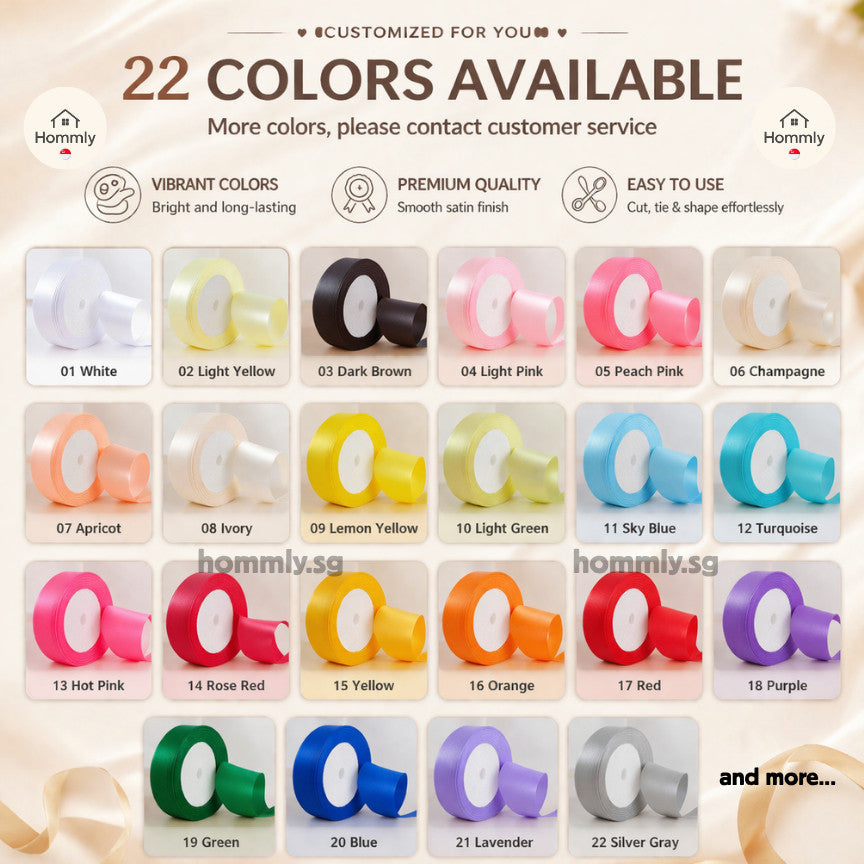 [Hommly SG Instock] 53 Colours 2/4cm Satin silky Ribbon 22m/Wedding/Flower Bouquet/Birthday Party RibbonDecoration