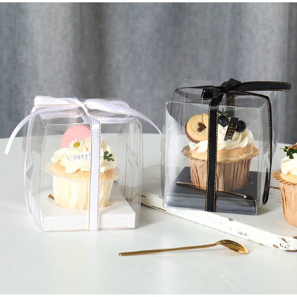[Hommly SG Instock] 1 Cavity Single PVC Transparent Clear Cupcake Box/ Cupcake Baking Paper Cup/ Cupcake Case/ Ribbon