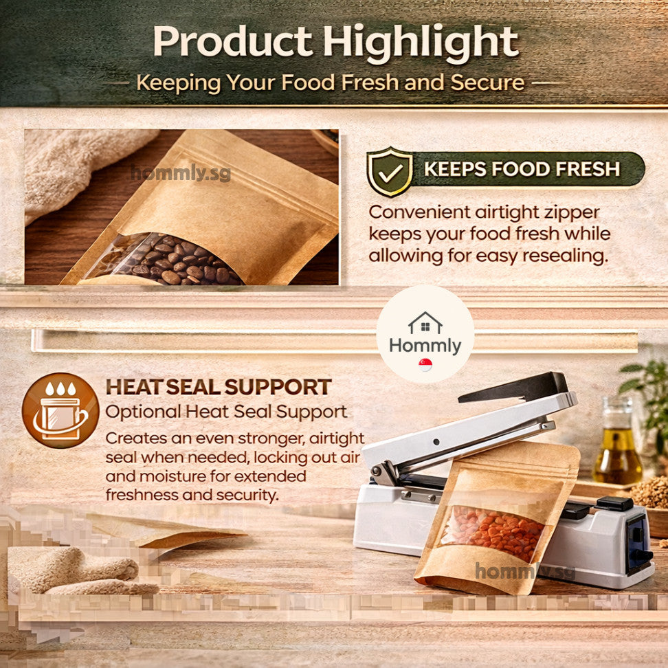 [Hommly SG Instock] Kraft Zipper Bag for Food | Food Storage Bag | Reusable Bag | Zip Bag