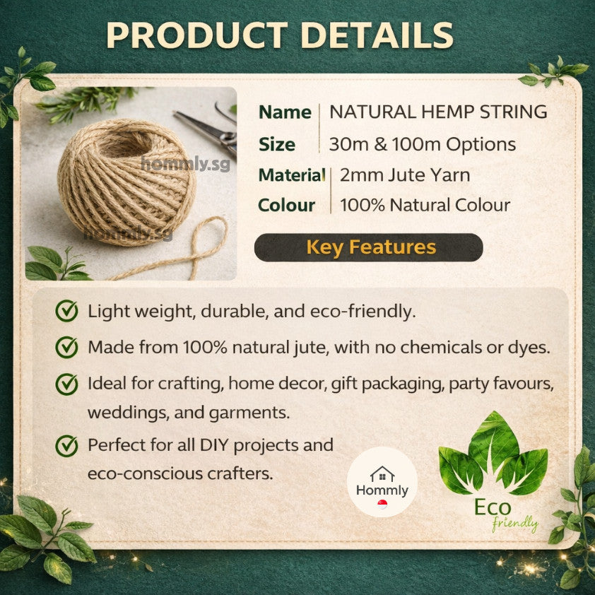[Hommly SG Instock] 2mm x 10m | 100m Natural Brown Hemp Twine String | Dumpling | Kitchen Rope | String for Present