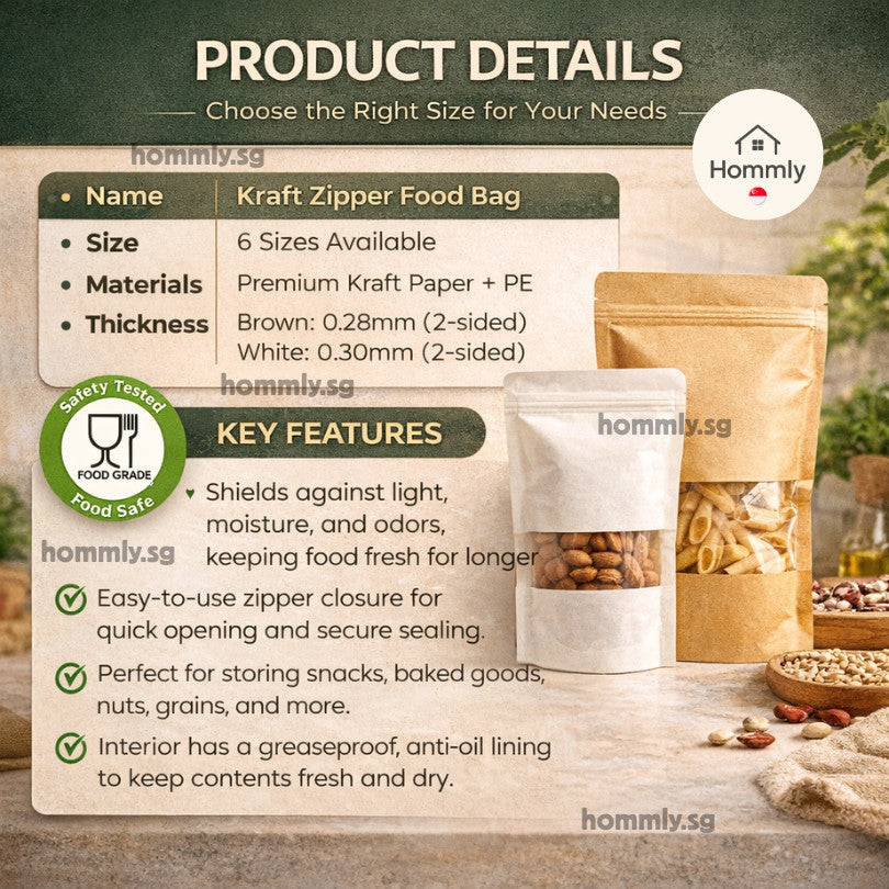[Hommly SG Instock] Kraft Zipper Bag for Food | Food Storage Bag | Reusable Bag | Zip Bag